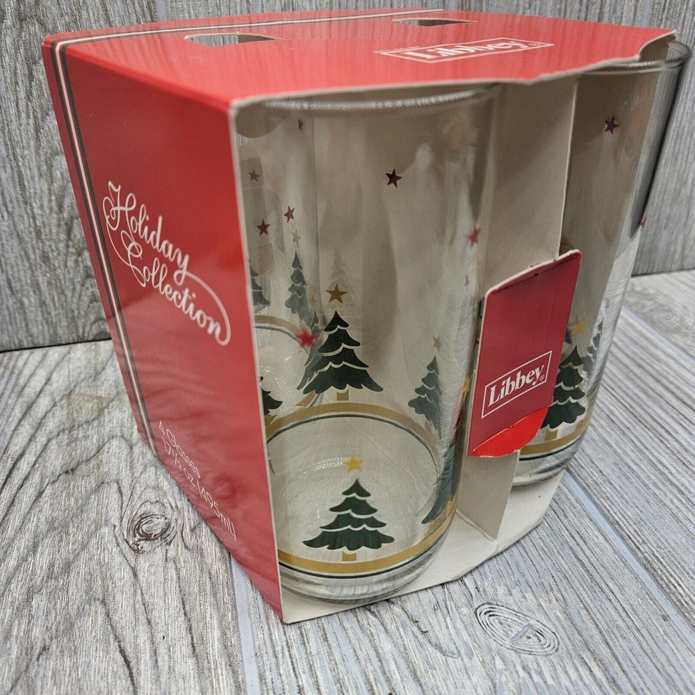 4pc Libbey Holiday Christmas Woods‎ Tree Star Glasses Tumblers Tall USA NOS